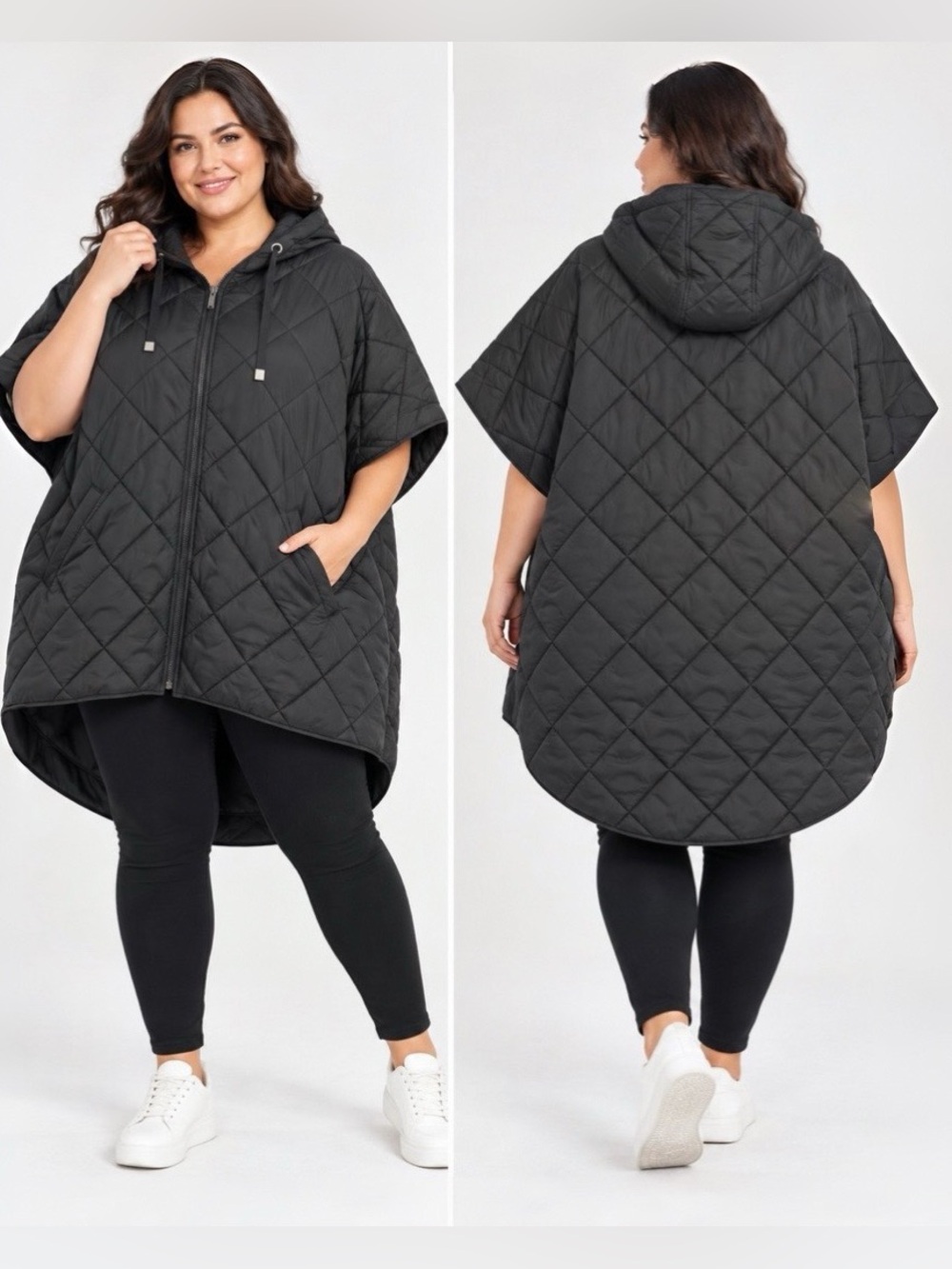 Dennis Basso Quilted Zip-Front Poncho with Hood.